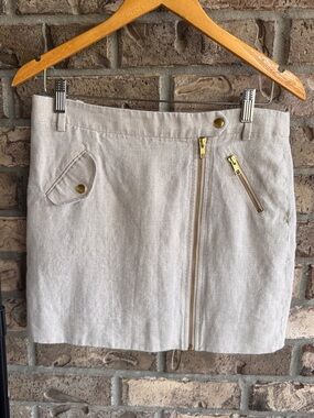 Crew Linen Zip Front Mini Skirt Size 4 Beige Utility Safari Gold Hardware 50962